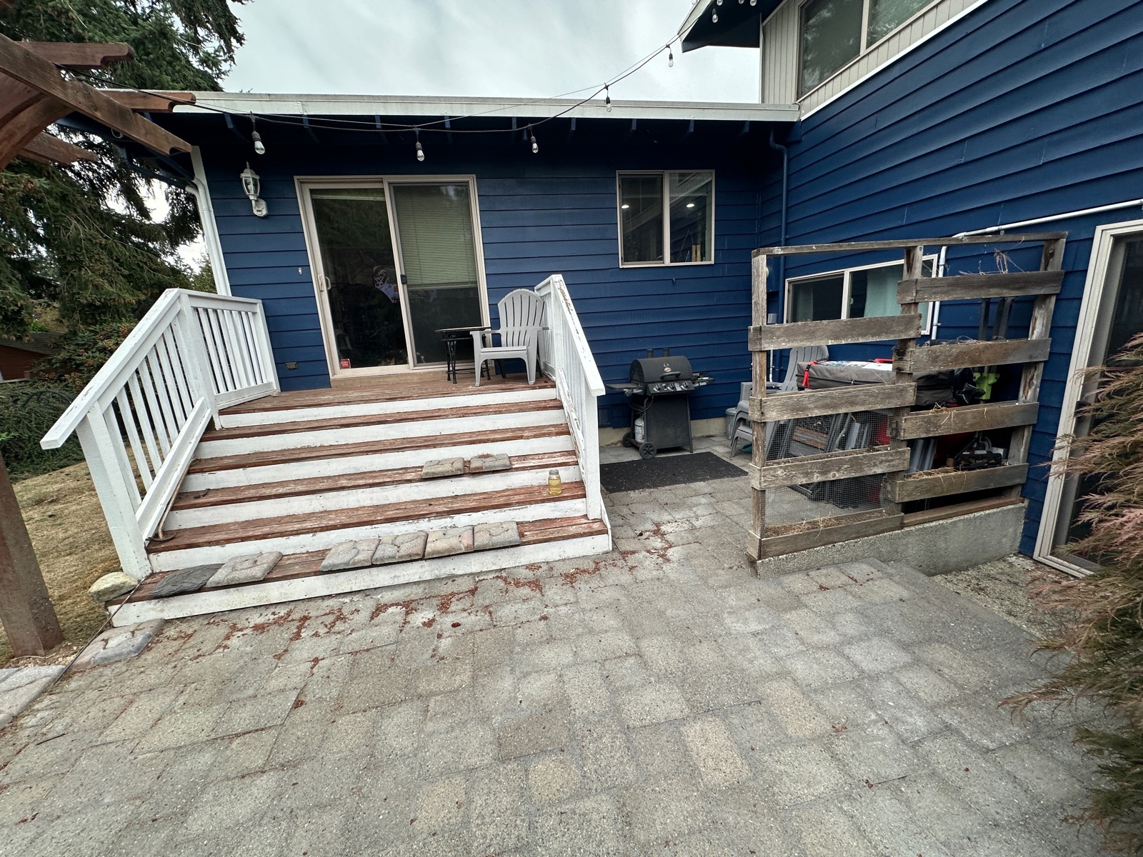 Before: Old wood deck and stairs rebuilt with composite decking, cable railing and a cedar pergola