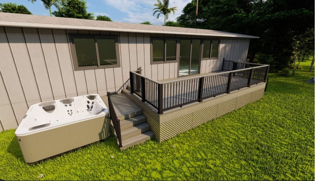 3D rendering of a composite deck with hot tub and stairs prepared for a client