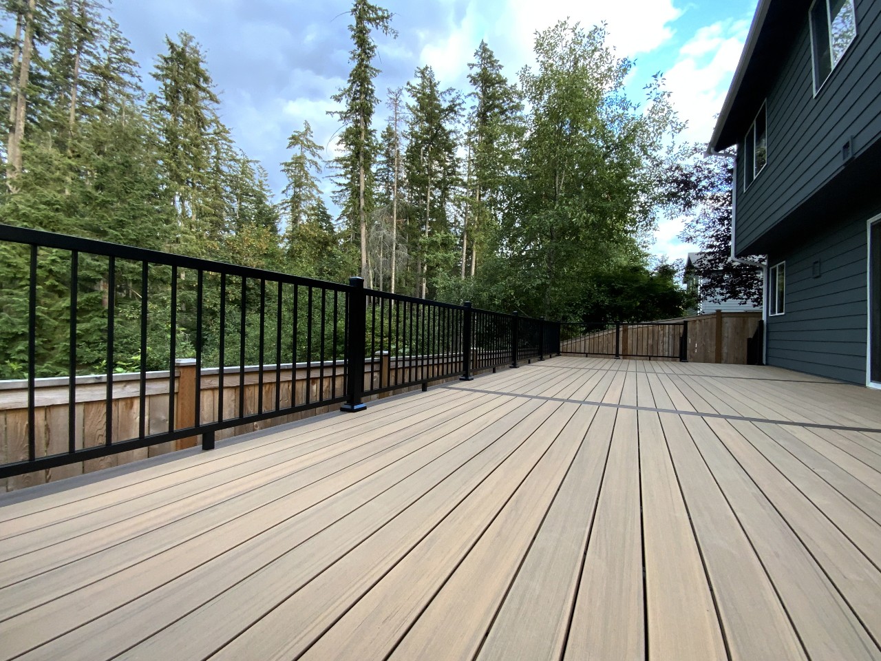 Grey composite deck with black aluminum railing surrounded by evergreens