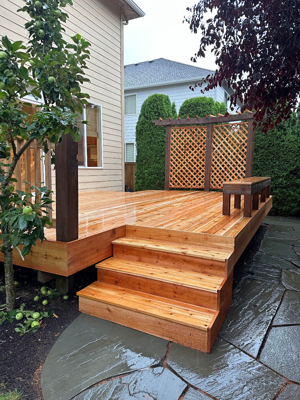 Cedar deck with built-in bench and lattice privacy screen
