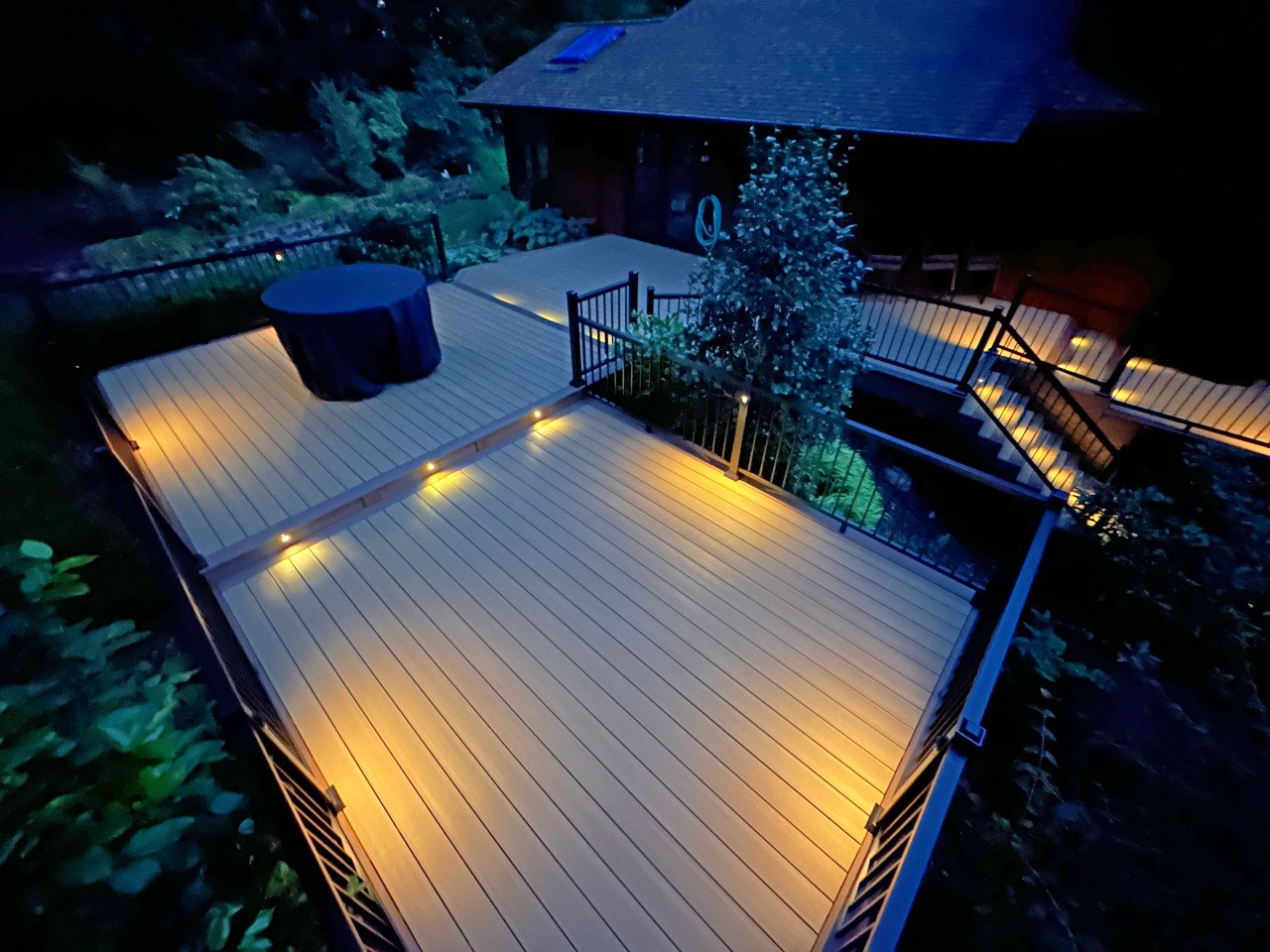 Composite deck with built-in lighting at night